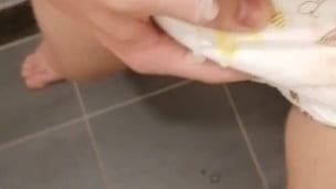 HUGE cumshot after morning pee in wet nighttime diaper