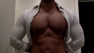 Ripping my white shirt while flexing my big muscle pecs and biceps