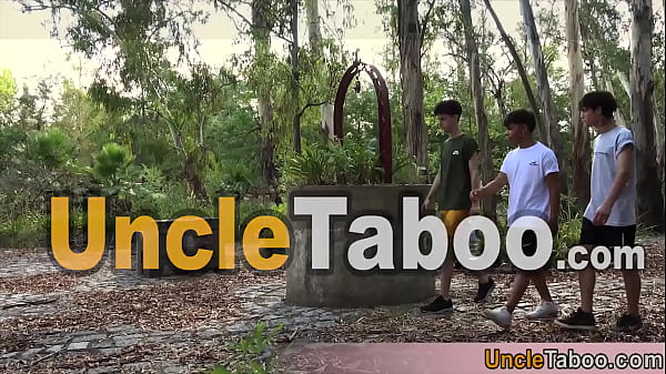 Sexy latin teen guy versus two horny strangers having a bareback fucking session outdoors