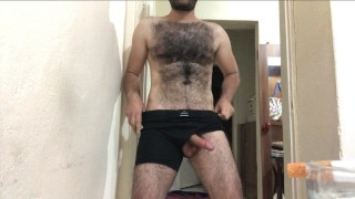 Hairy Puerto Rican Guy Jerks Off in Bathroom